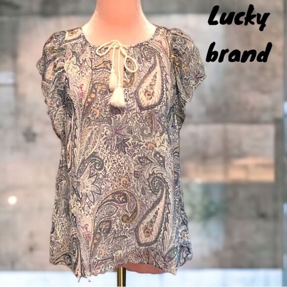 LUCKY BRAND NWT  EMILIA WOMENS TOP BLOUSE SMALL BLUE PAISLEY FLORAL PRINT - Picture 1 of 9